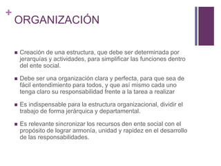 + 
ORGANIZACIÓN 
 Creación de una estructura, que debe ser determinada por 
jerarquías y actividades, para simplificar las funciones dentro 
del ente social. 
 Debe ser una organización clara y perfecta, para que sea de 
fácil entendimiento para todos, y que así mismo cada uno 
tenga claro su responsabilidad frente a la tarea a realizar 
 Es indispensable para la estructura organizacional, dividir el 
trabajo de forma jerárquica y departamental. 
 Es relevante sincronizar los recursos den ente social con el 
propósito de lograr armonía, unidad y rapidez en el desarrollo 
de las responsabilidades. 
 
