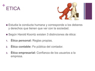 + 
ETICA 
 Estudia la conducta humana y corresponde a los deberes 
y derechos que tienen que ver con la sociedad. 
 Según Harold Koontz existen 3 distinciones de ética: 
1. Ética personal: Reglas propias. 
2. Ética contable: Fe pública del contador. 
3. Ética empresarial: Confianza de los usuarios a la 
empresa. 
 