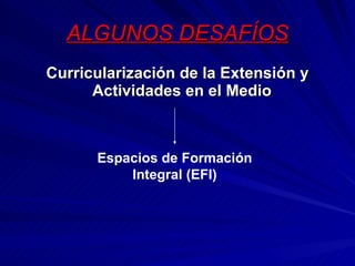 ALGUNOS DESAFÍOS Curricularización de la Extensión y Actividades en el Medio   Espacios de Formación Integral (EFI) 