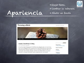 • Elegir tema.
             • Cambiar la cabecera

Apariencia   • Añadir un fondo
 