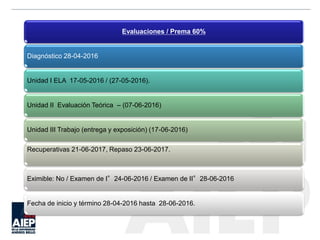 Evaluaciones / Prema 60%
Diagnóstico 28-04-2016
Unidad I ELA 17-05-2016 / (27-05-2016).
Unidad II Evaluación Teórica – (07-06-2016)
Unidad III Trabajo (entrega y exposición) (17-06-2016)
Recuperativas 21-06-2017, Repaso 23-06-2017.
Eximible: No / Examen de I°24-06-2016 / Examen de II°28-06-2016
Fecha de inicio y término 28-04-2016 hasta 28-06-2016.
 