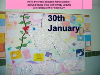 Here, the infant children make a poster  about a peace dove with empty yogurts We celebrate the Peace Day. 