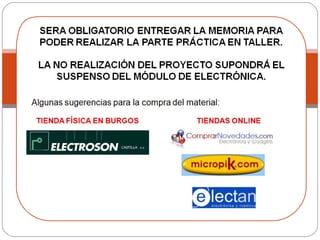 1.   Cada alumno, individualmente, deberá subir a la plataforma virtual de la
     asignatura, y siempre antes de la primera sesión de taller, una memoria
     donde deberá explicar:

         o    De la manera más detallada posible, el funcionamiento del
              circuito montado en base a lo aprendido en clase.
         o    Explicación de la técnica que emplearemos para la fabricación
              de la PCB y el montaje de los componentes.
         o    Descripción de las principales características de los
              componentes utilizados. Ver datasheets.

     Se valorará positivamente a aquellos alumnos que a la descripción por
     escrito del funcionamiento del circuito acompañen una simulación
     informática .
 