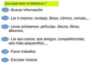 Que podo facer na Biblioteca ?
- Buscar información
- Ler ti mesmo: revistas, libros, cómics, xornais,...
- Levar préstamos: películas, discos, libros,
álbumes,
- Ler aos outros: aos amigos, compañeiros/as,
aos máis pequeniños,...
- Facer traballos
- Escoitar música
 