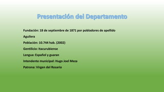 Fundación: 18 de septiembre de 1871 por pobladores de apellido
Aguilera
Población: 10.744 hab. (2002)
Gentilicio: Itacurubiense
Lengua: Español y guaran
Intendente municipal: Hugo Joel Meza
Patrona: Virgen del Rosario
 