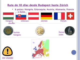Ruta de 10 días desde Budapest hasta Zúrich
●
6 países: Hungría, Eslovaquia, Austria, Alemania, Francia
y Suiza
●
●
●
franco
suizo
forinto
húngaro
húngaro eslovaco alemán francés
alemán
SIN VISADO
 