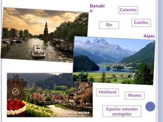 Danubi
o
Alpes
Rin
Heidiland
Cataratas
Espacios naturales
protegidos
Castillos
Museos
 