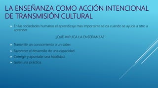 LA ENSEÑANZA COMO ACCIÓN INTENCIONAL
DE TRANSMISIÓN CULTURAL
 En las sociedades humanas el aprendizaje mas importante se da cuando se ayuda a otro a
aprender.
¿QUÉ IMPLICA LA ENSEÑANZA?
 Transmitir un conocimiento o un saber.
 Favorecer el desarrollo de una capacidad.
 Corregir y apuntalar una habilidad.
 Guiar una práctica.
 