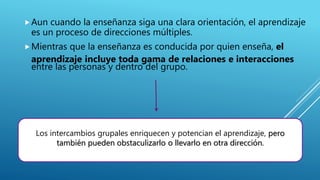 Aun cuando la enseñanza siga una clara orientación, el aprendizaje
es un proceso de direcciones múltiples.
Mientras que la enseñanza es conducida por quien enseña, el
aprendizaje incluye toda gama de relaciones e interacciones
entre las personas y dentro del grupo.
Los intercambios grupales enriquecen y potencian el aprendizaje, pero
también pueden obstaculizarlo o llevarlo en otra dirección.
 