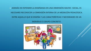  ADEMÁS DE ENTENDER LA ENSEÑANZA EN UNA DIMENSIÓN MACRO- SOCIAL, ES
NECESARIO RECONOCER LA DIMENSIÓN INTERNA DE LA MEDIACIÓN PEDAGÓGICA;
ENTRE AQUELLO QUE SE ENSEÑA Y LAS CARACTERÍSTICAS Y NECESIDADES DE UN
INDIVIDUO O GRUPO CONCRETO.
 