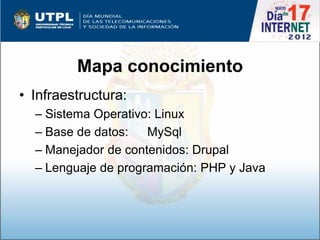 Mapa conocimiento
• Infraestructura:
  – Sistema Operativo: Linux
  – Base de datos:   MySql
  – Manejador de contenidos: ...