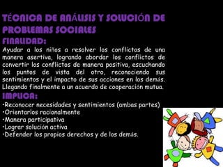 TÉCNICA DE ANÁLISIS Y SOLUCIÓN DE
PROBLEMAS SOCIALES
FINALIDAD:
Ayudar a los niños a resolver los conflictos de una
manera asertiva, logrando abordar los conflictos de
convertir los conflictos de manera positiva, escuchando
los puntos de vista del otro, reconociendo sus
sentimientos y el impacto de sus acciones en los demás.
Llegando finalmente a un acuerdo de cooperación mutua.
IMPLICA:
•Reconocer necesidades y sentimientos (ambas partes)
•Orientarlos racionalmente
•Manera participativa
•Lograr solución activa
•Defender los propios derechos y de los demás.
 