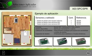 Menú
A03 SPC/SPR
Ejemplo de aplicación
Sensores y cableado Cant. Referencia.
• Tarjeta de gestión para equipos externos 1 SE02N
• Tarjeta de gestión para sensores A03 1 SE03N
• Tarjeta de gestión para sensores A03 1 SE04N
CP1
Entradas : Sensor A03, manipulación, Reset y conteo esporádico
Salidas disponibles: Alarma por apertura, manipulación y ruptura
Calibración de sensibilidad: Vibración continua, impacto leve e irrupción
Funciones programables: Vibración continua, timbre, conteo/eventos, filtro
antidilatación y tiempo/espera
Capacidad de Gestión: 8 Sensores piezo-cerámicos o 15 piezo-dinámicos.
Entradas : Sensor A03, manipulación y Reset externo.
Salidas disponibles: Alarma por manipulación y ruptura.
Calibración de sensibilidad: Vibración continua, impacto leve e irrupción.
Funciones programables: Vibración continua, timbre, conteo/eventos y
tiempo/espera.
Capacidad de Gestión: 8 Sensores piezo-cerámicos o 15 piezo-dinámicos.
Entradas : Sensor A03, manipulación y reset externo.
Salidas disponibles: Alarma por manipulación y ruptura
Calibración de sensibilidad: Potenciómetros análogos para ajuste de la sensibilidad
y conteo de eventos.
Capacidad de Gestión: 8 Sensores piezo-cerámicos o 15 piezo-dinámicos.
Ita.
 