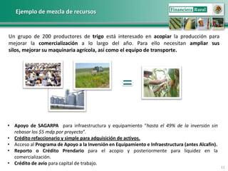 Ejemplo de mezcla de recursos


Un grupo de 200 productores de trigo está interesado en acopiar la producción para
mejorar la comercialización a lo largo del año. Para ello necesitan ampliar sus
silos, mejorar su maquinaria agrícola, así como el equipo de transporte.




• Apoyo de SAGARPA para infraestructura y equipamiento “hasta el 49% de la inversión sin
  rebasar los $5 mdp por proyecto”.
• Crédito refaccionario y simple para adquisición de activos.
• Acceso al Programa de Apoyo a la Inversión en Equipamiento e Infraestructura (antes Alcafin).
• Reporto o Crédito Prendario para el acopio y posteriormente para liquidez en la
  comercialización.
• Crédito de avío para capital de trabajo.
                                                                                                  11
 