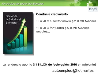 Constante crecimiento : En 2002 el sector mov ía $ 200  MIL  Millones En 2005 facturaba $ 500  MIL  Millones anuales… La tendencia apunta  $ 1 BILL ÓN de facturación  ( 2010  en adelante) [email_address] Revoluci ón del Sector del B ienestar Sector de la Salud y el Bienestar 