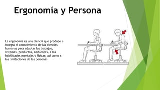 Ergonomía y Persona
La ergonomía es una ciencia que produce e
integra el conocimiento de las ciencias
humanas para adaptar los trabajos,
sistemas, productos, ambientes, a las
habilidades mentales y físicas; así como a
las limitaciones de las personas.
 