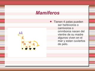 Mamiferos
Tienen 4 patas pueden
ser herbívoros o
carnivoros o
omniboros nacen del
vientre de su madre
algunos viven en el
mar y estan cuviertos
de pelo.