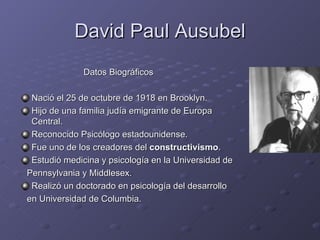 David Paul Ausubel ,[object Object],[object Object],[object Object],[object Object],[object Object],[object Object],[object Object],[object Object],[object Object]