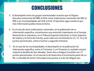 CONCLUSIONES
5.	
  	
  	
  El	
  desempeño	
  entre	
  los	
  grupos	
  monitoreados	
  muestra	
  que	
  el	
  Órgano	
  
EjecuFvo	
  evolucionó	
  del	
  88%	
  al	
  91%,	
  otras	
  insFtuciones	
  nacionales	
  del	
  58%	
  al	
  
69%	
  y	
  las	
  municipalidades	
  del	
  35%	
  al	
  41%.	
  El	
  EjecuFvo	
  sigue	
  siendo	
  el	
  que	
  
más	
  información	
  publica	
  hasta	
  la	
  fecha.	
  
6.	
  	
  	
  En	
  el	
  caso	
  de	
  otras	
  insFtuciones	
  nacionales,	
  en	
  la	
  publicación	
  de	
  su	
  
información	
  especíﬁca,	
  encontramos	
  una	
  evolución	
  importante	
  en	
  el	
  Consejo	
  
Nacional	
  de	
  la	
  Judicatura,	
  en	
  el	
  Tribunal	
  Supremo	
  Electoral,	
  la	
  Corte	
  Suprema	
  
de	
  JusFcia	
  y	
  la	
  Corte	
  de	
  Cuentas,	
  pues	
  cada	
  una	
  incrementó	
  en	
  12,	
  17,	
  13	
  y	
  33	
  
puntos	
  porcentuales,	
  entre	
  el	
  primer	
  y	
  segundo	
  trimestre.	
  
	
  
7.	
  	
  	
  	
  En	
  el	
  caso	
  de	
  las	
  municipalidades,	
  el	
  desempeño	
  en	
  la	
  publicación	
  de	
  
información	
  especíﬁca,	
  entre	
  el	
  Trimestre	
  1	
  y	
  el	
  Trimestre	
  2,	
  también	
  mostró	
  
mejoría	
  la	
  Alcaldía	
  de	
  San	
  Salvador,	
  Santa	
  Ana	
  y	
  AnFguo	
  Cuscatlán	
  con	
  17	
  
puntos	
  porcentuales.	
  En	
  el	
  caso	
  de	
  la	
  de	
  Santa	
  Ana	
  el	
  incremento	
  parte	
  de	
  un	
  
0%.	
  La	
  Alcaldía	
  de	
  Santa	
  Tecla	
  bajó	
  cinco	
  puntos	
  y	
  la	
  de	
  San	
  Miguel	
  seis.	
  
 