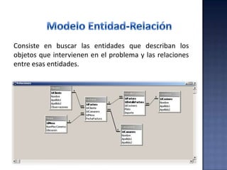 Consiste en buscar las entidades que describan los
objetos que intervienen en el problema y las relaciones
entre esas entidades.
 
