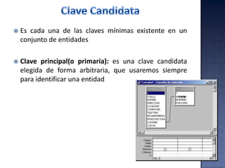  Es cada una de las claves mínimas existente en un
conjunto de entidades
 Clave principal(o primaria): es una clave candidata
elegida de forma arbitraria, que usaremos siempre
para identificar una entidad
 