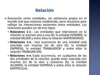  Asociación entre entidades, sin existencia propia en el
mundo real que estamos modelando, pero necesaria para
reflejar las interacciones existentes entre entidades. Las
relaciones pueden ser de tres tipos:
 Relaciones 1-1.- Las entidades que intervienen en la
relación se asocian una a una (Ej: la entidad HOMBRE, la
entidad MUJER y entre ellos la relación MATRIMONIO).
 Relaciones 1-n.- Una ocurrencia de una entidad está
asociada con muchas (n) de otra (Ej: la entidad
EMPRESA, la entidad TRABAJADOR y entre ellos la
relación TRABAJAR-EN).
 Relaciones n-n.-Cada ocurrencia, en cualquiera de las
dos entidades de la relación, puede estar asociada con
muchas (n) de la otra y viceversa (Ej: la entidad
ALUMNO, la entidad EMPRESA y entre ellos la relación
MATRÍCULA).
 
