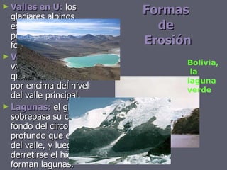 Formas  de  Erosión Valles en U:  los glaciares alpinos excavan valles con perfil transversal con forma de U. Valles colgados:  valles antiguos, en lo que su fondo queda por encima del nivel del valle principal. Lagunas:  el glaciar sobrepasa su cauce, el fondo del circo es más profundo que el inicio del valle, y luego al derretirse el hielo se forman lagunas. Bolivia, la  laguna verde 
