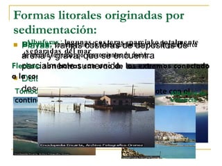 Formas litorales originadas por sedimentación: Playas:  franjas costeras de depósitos de arena y grava, que se encuentra parcialmente sumergida. Deltas : depósitos acumulados en la desembocadura de un río. Río Ebro Barras:   son depósitos de arena que forman islas largadas cerca de la costa formados por las corrientes de deriva. Flechas:  son barras con uno de los extremos conectado  a la costa, que punta hacia la deriva. Tómbolos:  depósitos que conectan un islote con el  continente. Peñiscola Albuferas:  lagunas costeras, parcial o totalmente  separadas del mar Albufera de  Valencia 