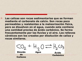 Relieves Cársticos   Las calizas son rocas sedimentarias que se forman mediante el carbonato de calcio. Son rocas poco permeables y resistentes a la meteorización física, pero se disuelven en el agua, cuando esta contiene una cantidad precisa de ácido carbónico. Se forma frecuentemente por las lluvias y el aire. Los relieves cársticos son los creados por disolución de caliza y rocas similares. Dióxido de  Carbono Agua Ácido  Carbónico 