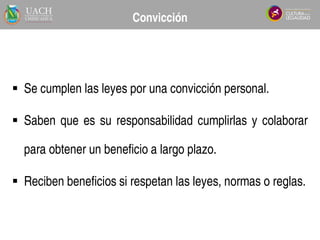  Se cumplen las leyes por una convicción personal.
 Saben que es su responsabilidad cumplirlas y colaborar
para obtener un beneficio a largo plazo.
 Reciben beneficios si respetan las leyes, normas o reglas.
Tema 3.4
Convicción
 