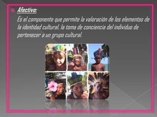 Afectivo:      Es el componente que permite la valoración de los elementos de la identidad cultural, la toma de conciencia del individuo de pertenecer a un grupo cultural.