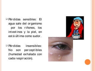  Pérdidas sensibles: El
agua sale del organismo
por los riñones, los
int est inos y la piel, en
est á últ ima como sudor.
 Pérdidas insensibles:
No son percept ibles
(humedad exhalada con
cada respiración).
 