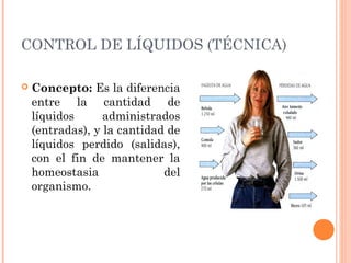 CONTROL DE LÍQUIDOS (TÉCNICA)
 Concepto: Es la diferencia
entre la cantidad de
líquidos administrados
(entradas), y la cantidad de
líquidos perdido (salidas),
con el fin de mantener la
homeostasia del
organismo.
 