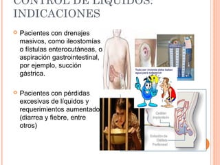 CONTROL DE LÍQUIDOS:
INDICACIONES
 Pacientes con drenajes
masivos, como ileostomías
o fístulas enterocutáneas, o
aspiración gastrointestinal,
por ejemplo, succión
gástrica.
 Pacientes con pérdidas
excesivas de líquidos y
requerimientos aumentados
(diarrea y fiebre, entre
otros)
 