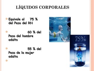 LÍQUIDOS CORPORALES
 Equivale al 75 %Equivale al 75 %
del Peso del RNdel Peso del RN
 60 % del60 % del
Peso del hombrePeso del hombre
adultoadulto
 55 % del55 % del
Peso de la mujerPeso de la mujer
adultaadulta

 