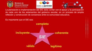 La planeación e implementación del SIE debe contar con el apoyo y la participación
de cada uno de los estamentos del gobierno escolar, en un proceso de amplia
reflexión y construcción de consensos entre la comunidad educativa.
Es importante que el SIE sea:
SIE
completo
coherenteincluyente
válido legítimo
 