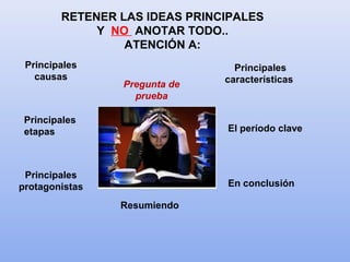 Principales
causas
Principales
características
Principales
protagonistas
El período clave
En conclusión
Resumiendo
Pregunta de
prueba
RETENER LAS IDEAS PRINCIPALES
Y NO ANOTAR TODO..
ATENCIÓN A:
Principales
etapas
 