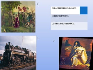 CARACTERÍSTICAS/RASGOS
INTERPRETACIÓN:
COMENTARIO PERSONAL
1
2
3
 