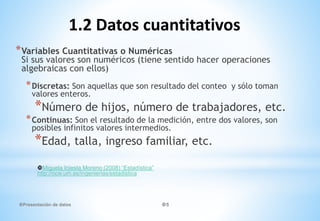 Presentación de datos 5
*Variables Cuantitativas o Numéricas
Si sus valores son numéricos (tiene sentido hacer operaciones
algebraicas con ellos)
*Discretas: Son aquellas que son resultado del conteo y sólo toman
valores enteros.
*Número de hijos, número de trabajadores, etc.
*Continuas: Son el resultado de la medición, entre dos valores, son
posibles infinitos valores intermedios.
*Edad, talla, ingreso familiar, etc.
1.2 Datos cuantitativos
Miguela Iniesta Moreno (2008) “Estadística”
http://ocw.um.es/ingenierias/estadistica
 