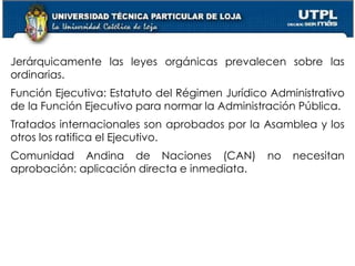 14
Jerárquicamente las leyes orgánicas prevalecen sobre las
ordinarias.
Función Ejecutiva: Estatuto del Régimen Jurídico Administrativo
de la Función Ejecutivo para normar la Administración Pública.
Tratados internacionales son aprobados por la Asamblea y los
otros los ratifica el Ejecutivo.
Comunidad Andina de Naciones (CAN) no necesitan
aprobación: aplicación directa e inmediata.
 