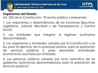 35
Organismos del Estado:
Art. 225 de la Constitución: “El sector público comprende:
1. Los organismos y dependencias de las funciones Ejecutiva,
Legislativa, Judicial, Electoral y de Transparencia y Control
Social.
2. Las entidades que integran el régimen autónomo
descentralizado.
3. Los organismos y entidades creados por la Constitución o la
ley para el ejercicio de la potestad estatal, para la prestación
de servicios públicos o para desarrollar actividades
económicas asumidas por el Estado.
4. Las personas jurídicas creadas por acto normativo de los
gobiernos autónomos descentralizados para la prestación de
servicios públicos”.
 