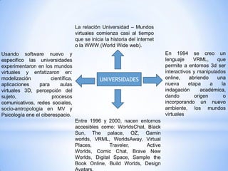 La relación Universidad – Mundos
                                    virtuales comienza casi al tiempo
                                    que se inicia la historia del internet
                                    o la WWW (World Wide web).
Usando software nuevo y                                                      En 1994 se creo un
especifico las universidades                                                 lenguaje     VRML,     que
experimentaron en los mundos                                                 permite a entornos 3d ser
virtuales y enfatizaron en:                                                  interactivos y manipulados
modelización          científica,              UNIVERSIDADES                 online,    abriendo    una
aplicaciones     para     aulas                                              nueva      etapa     a   la
virtuales 3D, percepción del                                                 indagación       académica,
sujeto,                procesos                                              dando         origen      o
comunicativos, redes sociales,                                               incorporando un nuevo
socio-antropologia en MV y                                                   ambiente, los mundos
Psicología ene el ciberespacio.                                              virtuales
                                    Entre 1996 y 2000, nacen entornos
                                    accesibles como: WorldsChat, Black
                                    Sun, The palace, OZ, Gamin
                                    worlds, VRML, WorldsAway, Virtual
                                    Places,        Traveler,    Active
                                    Worlds, Comic Chat, Brave New
                                    Worlds, Digital Space, Sample the
                                    Book Online, Build Worlds, Design
 