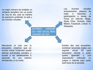 La mejor manera de entablar un                            Los      mundos      virtuales
contacto duradero con un joven                            evolucionaron, pasaron de
es, hoy en día, usar su manera                            radio     o   televisión     a
de exprecion preferida: la web y                          participación a través de
los mundos virtuales.                                     Foros en internet, Blogs,
                                                          Spots Chat, Youtube, Daily
                                                          Motion, Facebook, Linked in,
                                                          Wikipedia.
                                  ENTORNO     ANIMADO
                                  3D Y RED SOCIAL PARA
                                  JOVENES DE HOY



Mezclando el ocio con la                                 Existen dos vías accesibles:
educación, creemos que un                                combinar lecciones reales con
mundo virtual moderado puede                             soporte    virtual   3D   para
abarcar actividades sociales, y                          educación remota a quien
ayudar a los adolescentes a                              quiere    aprender     y   una
aprender de una manera                                   capacitación     enfocada   en
entretenida y a la moda.                                 juegos e internet para quien
                                                         esta fuera de la escuela.
 