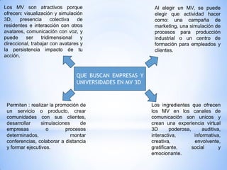 Los MV son atractivos porque                               Al elegir un MV, se puede
ofrecen: visualización y simulación                        elegir que actividad hacer
3D,    presencia      colectiva  de                        como: una campaña de
residentes e interacción con otros                         marketing, una simulación de
avatares, comunicación con voz, y                          procesos para producción
puede     ser    tridimensional    y                       industrial o un centro de
direccional, trabajar con avatares y                       formación para empleados y
la persistencia impacto de tu                              clientes.
acción.


                                 QUE BUSCAN EMPRESAS Y
                                 UNIVERSIDADES EN MV 3D


 Permiten : realizar la promoción de                      Los ingredientes que ofrecen
 un servicio o producto, crear                            los MV en los canales de
 comunidades con sus clientes,                            comunicación son unicos y
 desarrollar     simulaciones     de                      crean una experiencia virtual
 empresas          o        procesos                      3D       poderosa,      auditiva,
 determinados,                montar                      interactiva,        informativa,
 conferencias, colaborar a distancia                      creativa,           envolvente,
 y formar ejecutivos.                                     gratificante,      social       y
                                                          emocionante.
 