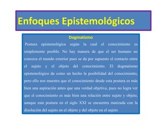 Enfoques Epistemológicos
Dogmatismo
Postura epistemológica según la cual el conocimiento es
simplemente posible. No hay ma...
