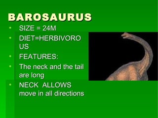 BAROSAURUS

    SIZE = 24M

    DIET=HERBIVORO
    US

    FEATURES:

    The neck and the tail
    are long

    NECK ALLOWS
    move in all directions
 