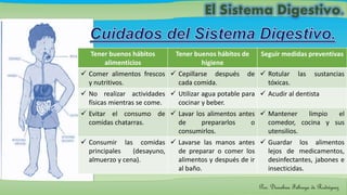 Tener buenos hábitos
alimenticios
Tener buenos hábitos de
higiene
Seguir medidas preventivas
Comer alimentos frescos
y nutritivos.
Cepillarse después de
cada comida.
Rotular las sustancias
tóxicas.
No realizar actividades
físicas mientras se come.
Utilizar agua potable para
cocinar y beber.
Acudir al dentista
Evitar el consumo de
comidas chatarras.
Lavar los alimentos antes
de prepararlos o
consumirlos.
Mantener limpio el
comedor, cocina y sus
utensilios.
Consumir las comidas
principales (desayuno,
almuerzo y cena).
Lavarse las manos antes
de preparar o comer los
alimentos y después de ir
al baño.
Guardar los alimentos
lejos de medicamentos,
desinfectantes, jabones e
insecticidas.
Por: Dioselina Fábrega de Rodríguez