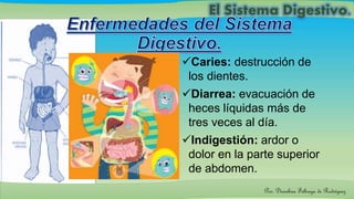 Caries: destrucción de
los dientes.
Diarrea: evacuación de
heces líquidas más de
tres veces al día.
Indigestión: ardor o
dolor en la parte superior
de abdomen.
Por: Dioselina Fábrega de Rodríguez