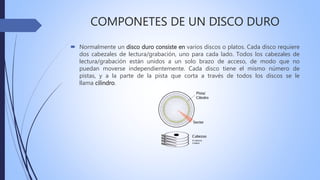 COMPONETES DE UN DISCO DURO
 Normalmente un disco duro consiste en varios discos o platos. Cada disco requiere
dos cabezales de lectura/grabación, uno para cada lado. Todos los cabezales de
lectura/grabación están unidos a un solo brazo de acceso, de modo que no
puedan moverse independientemente. Cada disco tiene el mismo número de
pistas, y a la parte de la pista que corta a través de todos los discos se le
llama cilindro.
 