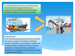 Un canal de distribución es el conducto que
cada empresa escoge para llevar sus
productos al consumidor de la forma más
completa, eficiente y económica posible.
Importancia?
Son importantes porque permiten aumentar
las ventas, reducir inventarios, disminuir
costos y satisfacer a los clientes. Cuando una
empresa nace y cuando se lanza un nuevo
producto o una nueva línea, es preciso
analizar los canales que nos permitan acercar
el producto al cliente.
 